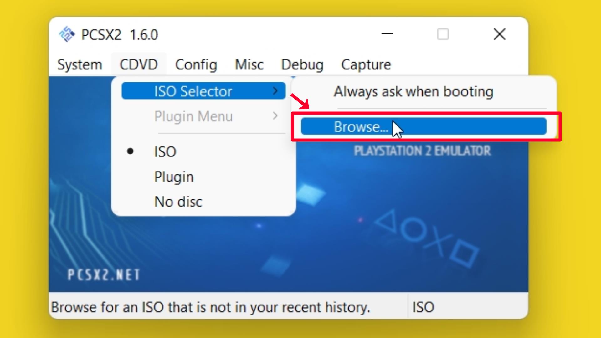 Step 82 Go to CDVD ISO Selector and Click on Browse... option.